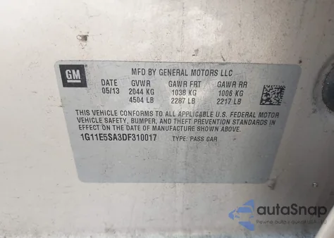 2013 Chevrolet Malibu 2Lt from USA, damaged, VIN 1G11E5SA3DF310017